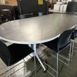 Conference Table And Stools,  42 X 96” Table And 36” High With 6 Sled Base Stools At 25” High