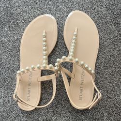 Stuart Weitzman Goldie Womens Pearl Embossed T-Strap Jelly Sandals