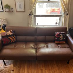 Mid-Century Modern Faux Leather Couch – 80” Long, Converts to Futon