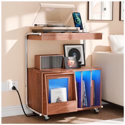 Large Record Player Stand with Sliding Door,200 Vinyl Record Storage Cabinet, Record Player Table with Power Outlet and LED Light,Turntable Stand with