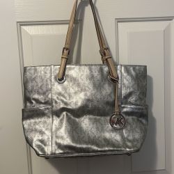 Metallic Silver Michael Kors Signature Tote