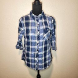 Maurice Womens Blue Plaid Button Down Shirt Collared Long Sleeve Size: Medium 