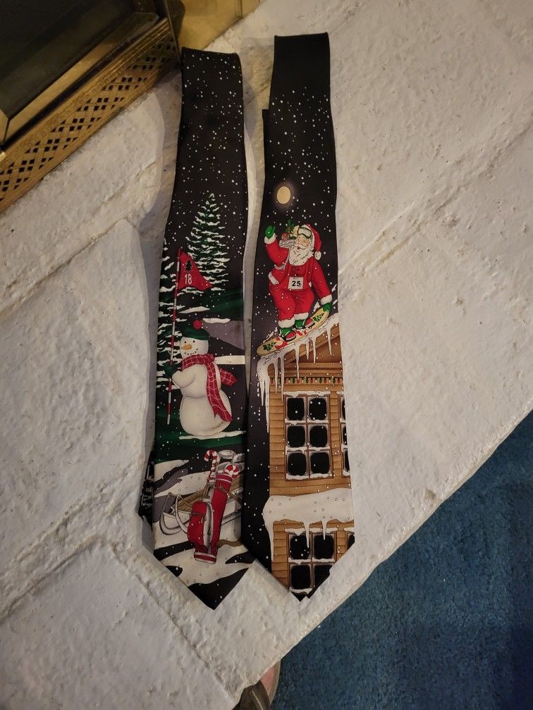 2 Men's Christmas SilkTies - Snowman Golf Tie BY NOEL, Santa Tie By ZYLOS GOLD GEORGE MACHADO