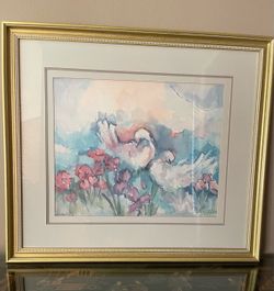 Framed Watercolor Print Doves and Flowers