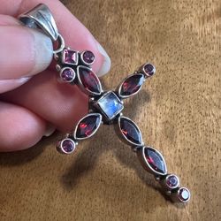 Nicky Butler 925 Sterling Silver multiple gemstones cross pendant, garnets , moonshine center and tourmalines, marked 925 NB