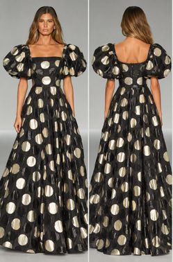 $3000 Black Gold Metallic Polka Dot Puff Sleeve  Prom Ball Gown sz 4 Pageant