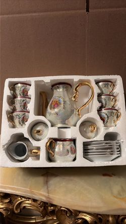 Vintage 15 piece porcelain coffee set - - floral & gold - complete set