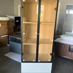 ATJafurn 62.9-in Tall White Modern Lighted Glass Display Cabinet with 2 Drawers