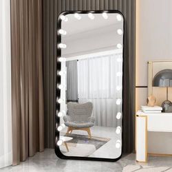 Hollywood Glam Floor Mirror with Black Frame And Globe Lights And Built In Speakers! 