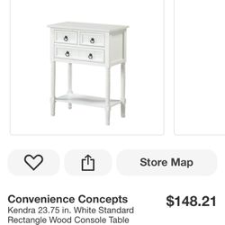 Convenience Concepts Kendra 23.75 in. White Standard Rectangle Wood Console Table with 3 Drawers and Shelf