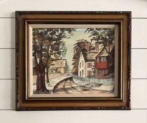 Vintage 16 x 20 Oil On Canvas Panel Landscape Painting Street Scene Country Lane Houses Trees Framed Signed