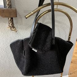 Neiman Marcus Black Sherpa Tote & Accessory Bag