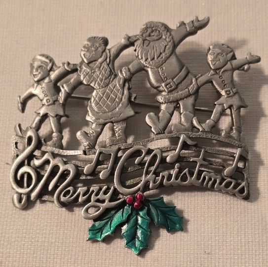 Vtg. JJ Jonette Jewelry Merry Christmas Brooch/Pin Santa Claus & Mrs. & Elves Singing Rare!