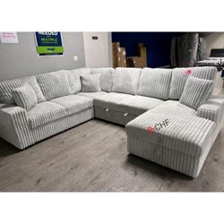 Gray Jumbo corduroy storage chaise  sectional sofa with pullout sofa bed  //  Limited Time Offer 