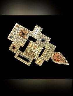 Patricia Locke Silver-Tone Multicolor Stone Crystal Modern Art Cubist Bar Brooch