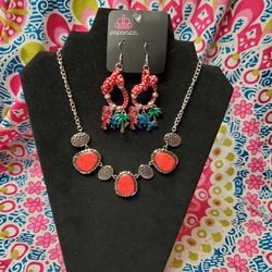 Paparazzi Red Stone Silver Necklace and Earring Set