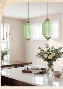 Vintage Green Milk Glass Pendant Light - 2 Pcs Retro Brass Ceiling Fixture