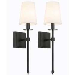 Black Wall Sconces Set of 2 with Flared White Fabric Shade 