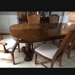 Pecan Dining Table Lighted Hutch Dresser Combo