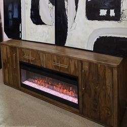 New Curved Shape Modern  Unique Solid Wood 80" Fireplace Console or  TV stand! Available in 3 unique finishes!