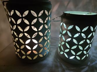 Set of 2 Metal Candle Lanterns / Holders – Sage Green Leaf Design