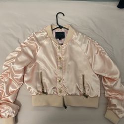 Pink Satin Crop Jacket With Rouched Sleeves