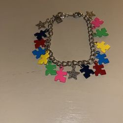 Colorful Puzzle Piece And Star Autism Charm Bracelet