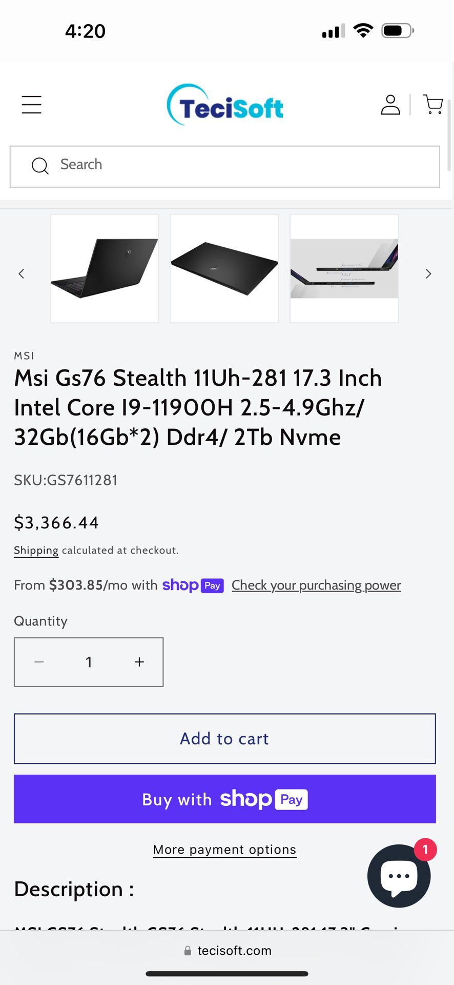 MSI GS76 Stealth 11UH-281 17.3" Full HD 360Hz VR Ready Gaming Notebook Computer, Intel Core i9-11900H 2.5GHz, 32GB RAM, 2TB SSD