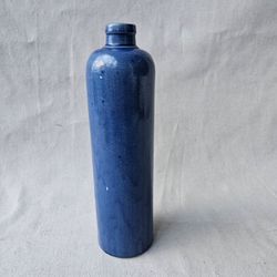 Vintage Blue Stoneware Ceramic Bottle Vase 0.7L AW Stamped 11" Decorative Pottery