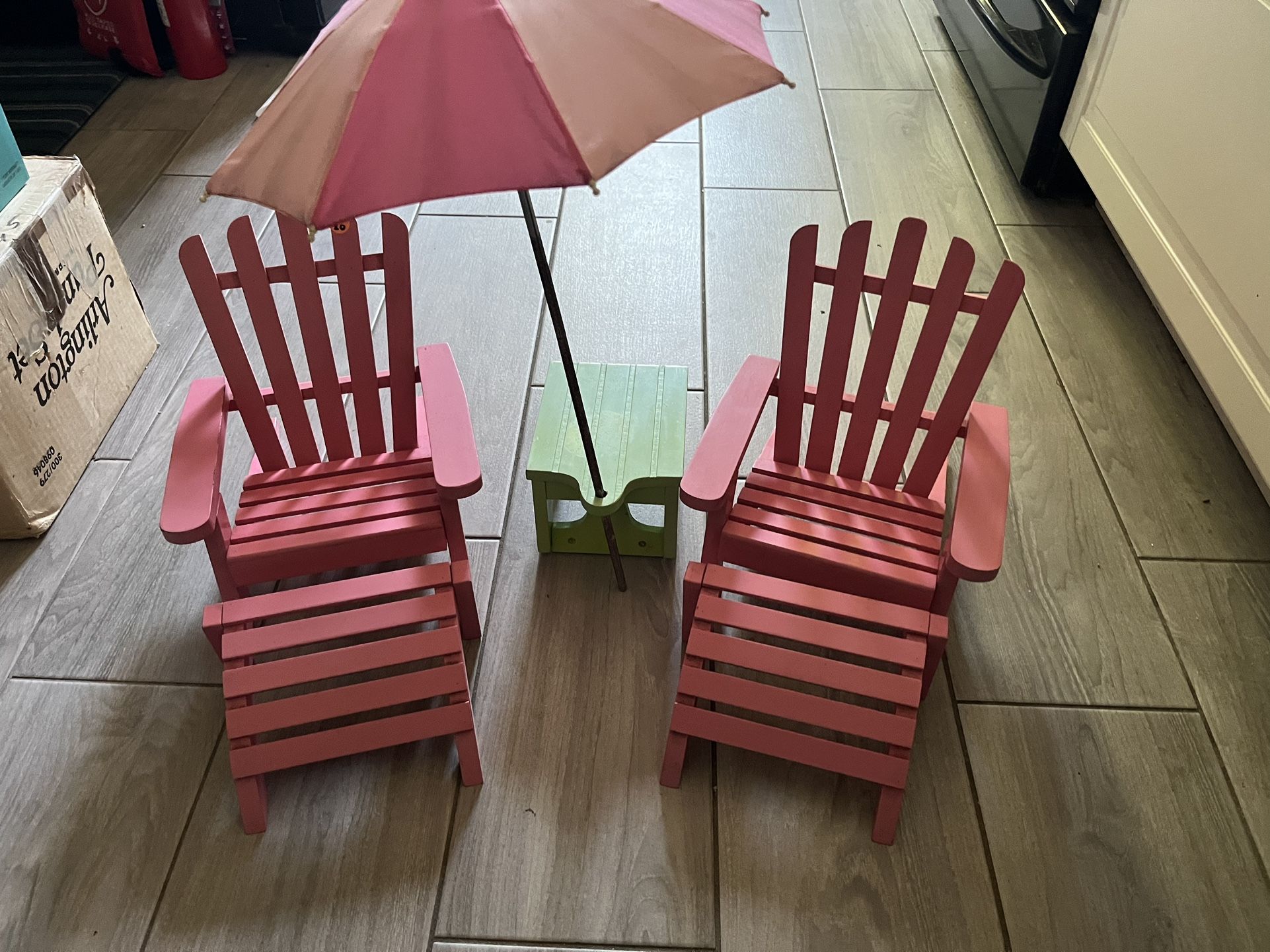 Two Adirondack Doll chairs Table & Umbrella 