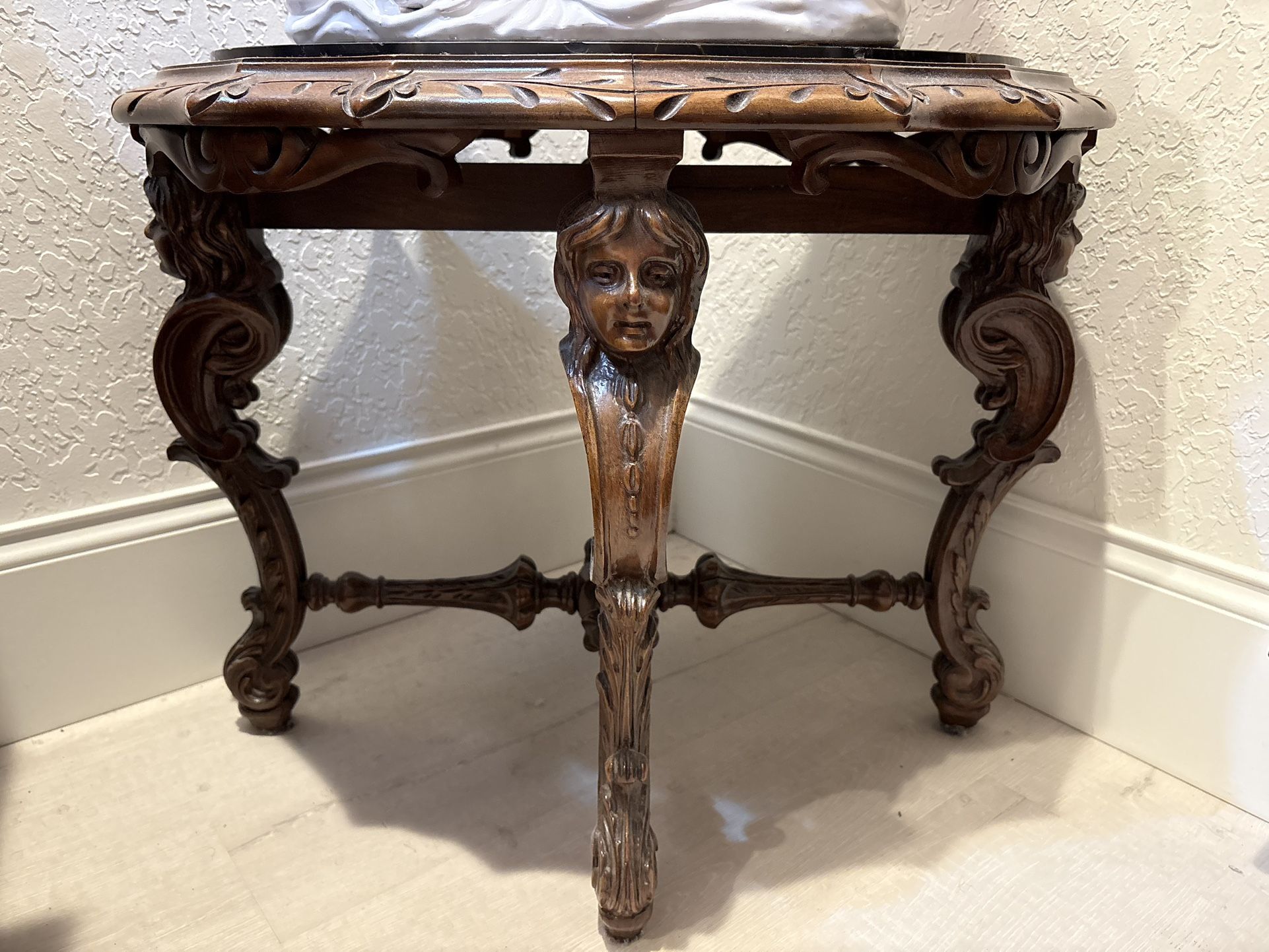 Gorgeous Antique Ornate Hand Carved Solid Wood & Black Veined Marble Side End Coffee Accent Table.  1 Of A Kind $599.   Statue Also $599. 