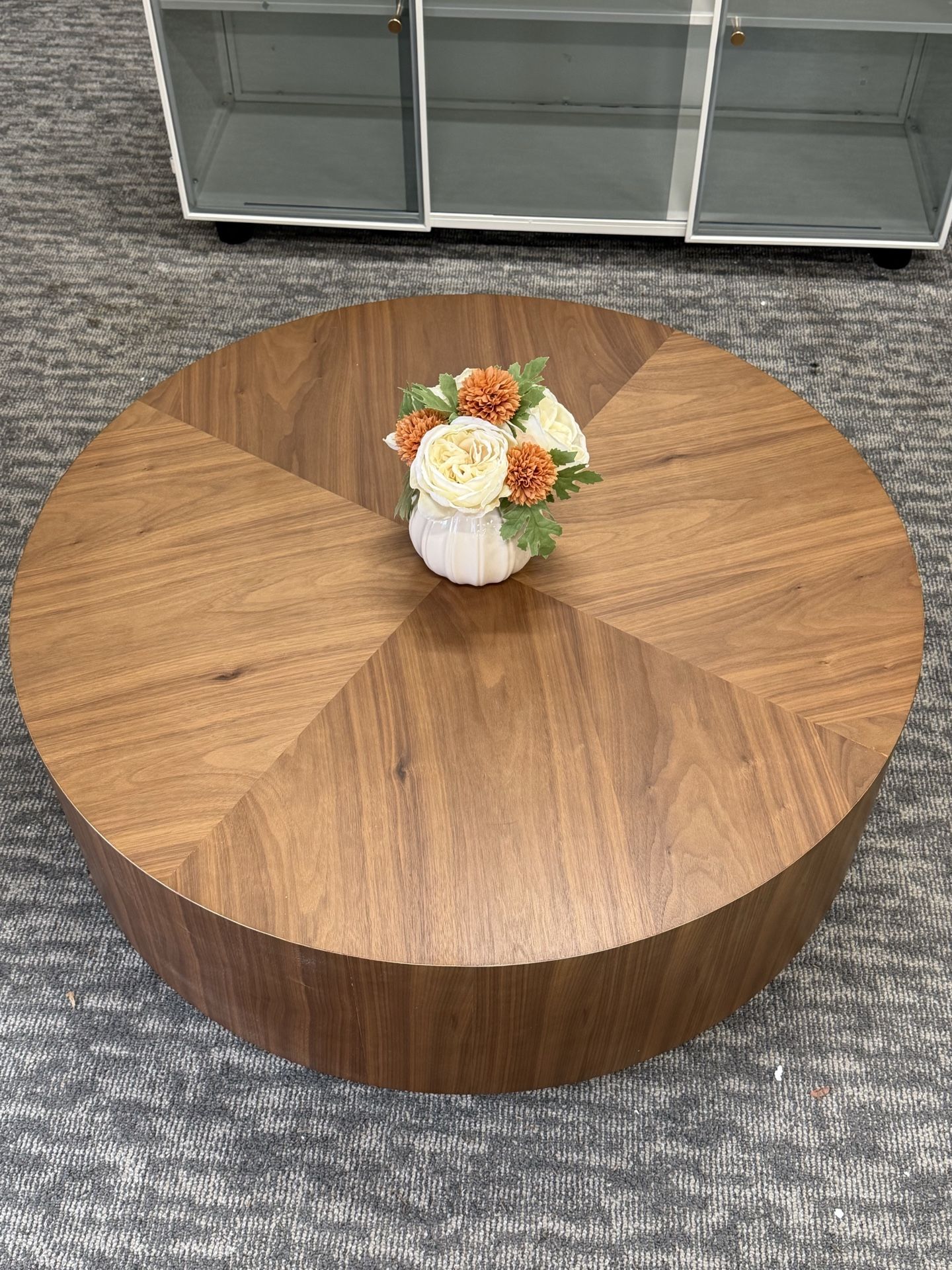 35.5” Brown Modern Round Wood Coffee Table ✨A Beautiful, Stylish Centerpiece This modern round wood coffee table features a warm brown finish and a