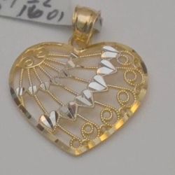 14K Yellow Gold Heart Pendant Filigree Design with White Gold Accent Hearts