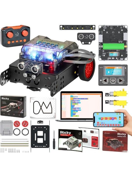 WhalesBot Rocky Coding & Remote Control Robot Kit for Kids 8-16, Modular/Scratch/Python/C Programming, Educational Engineering Science Toy Set