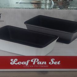 New Parini Dual Cookware Glazed Non-Stick Stoneware 2 Loaf Pan Set Baking.