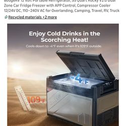 BougeRV 12 Volt Portable Refrigerator, 55 Quart Rocky V2.0 Dual Zone Car Fridge Freezer with APP Control, Compressor Cooler 12/24V DC, 110~240V AC for