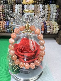 9.9MM Arusha Sunstone Beaded Bracelet 6.5” Natural Quartz Crystal Sparkly Stone 