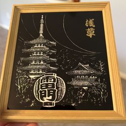 Framed Japanese Mother-of-Pearl Inlay Art Panel of Pagoda and Temple