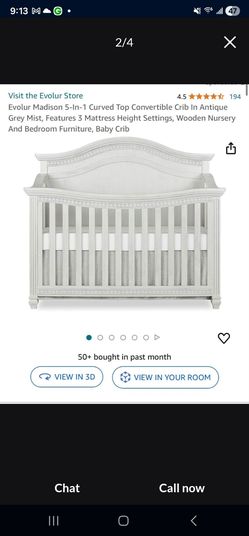 Evolur Madison 5-In-1 Curved Top Convertible Crib In Antique Grey Mist, Features 3 Mattress Height Settings, Wooden Nursery And Bedroom Furniture