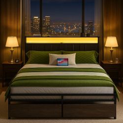 Full Bed Frame with 2-Tier Storage & Leather Upholstered & Charging Station Headboard, Easy Assembly, Noise Free, No Box Spring Needed