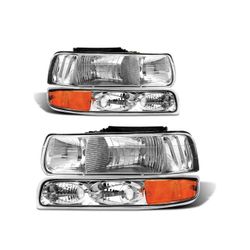 🥨Headlight Assembly for 1 2001 2002 Chevy Silverado 1/1500HD 2500HD 3500/2000-2006 Tahoe/Suburban Chrome Housing Amber Reflector Pair