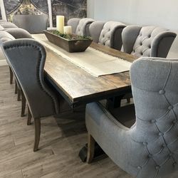 Excellent Solid Wood And Steel Trim Dining Table Set With 8 Chairs 