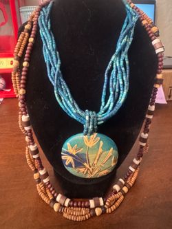 3  wooden bead necklaces