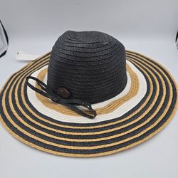 Panama Jack Women's Wide Brim StripedStraw SunHatBlack/Tan/White