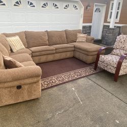 Sectional Couch With Chaise Lounge And Cherry Wood Recliner