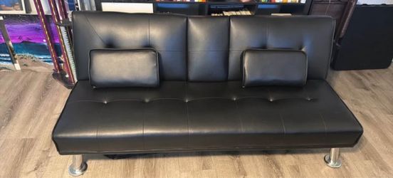Black Faux Leather Futon Sofa Bed with Cup Holders
