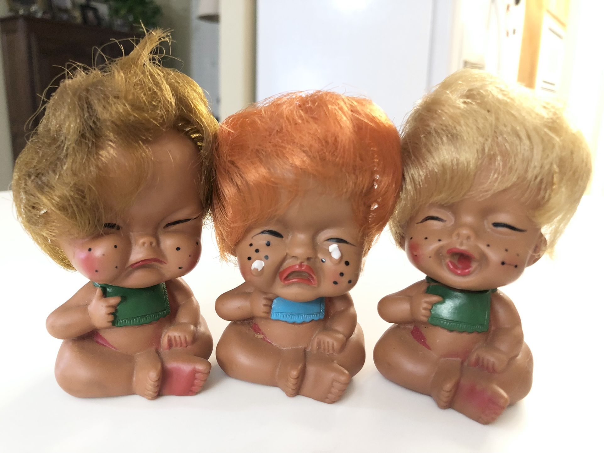 Vintage Moody Cuties Rubber Baby Dolls. SetOf 3. Sad, Crying And Happy Faces 3.5” Tall