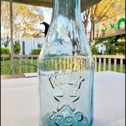 Jumbo 1950s Blue Milk Bottle Embossed w/Cow/Star/MILK/1890 18" Tall, Rustic/Farm/Country Decor