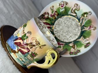 VERY RARE SIGNED OCCUPIED JAPAN SGK CAPODIMONTE STYLE DEMITASSE CUP & SAUCER 