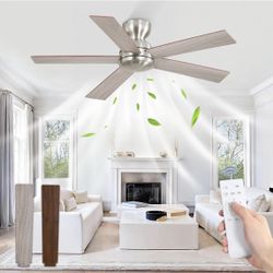 42 Inch Flush Mount Ceiling Fans no Light, Brushed Nickel Modern Ceiling Fans, 6-Speeds, Quiet Reversible DC Motor, Outdoor/Indoor Ceiling Fan for Pat